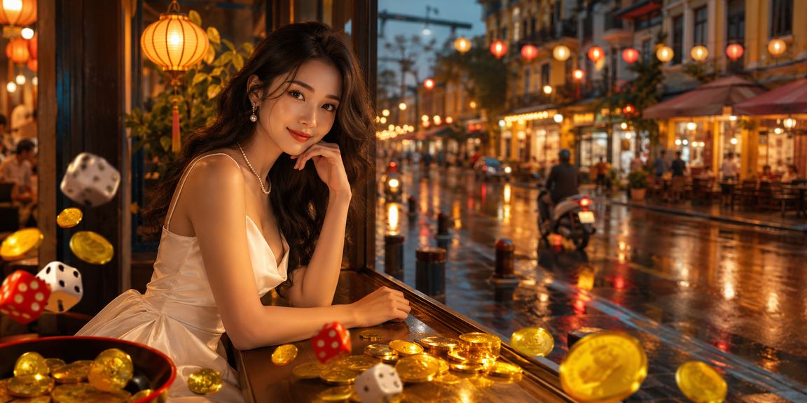Bàn chơi tài xỉu phong cách Việt Nam với xúc xắc và không gian cà phê hiện đại